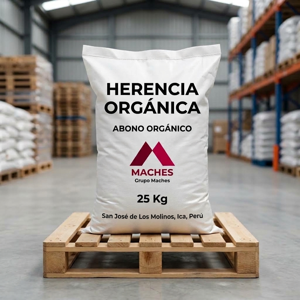 Saco de Herencia Orgánica, abono orgánico MACHES, en almacén de Ica